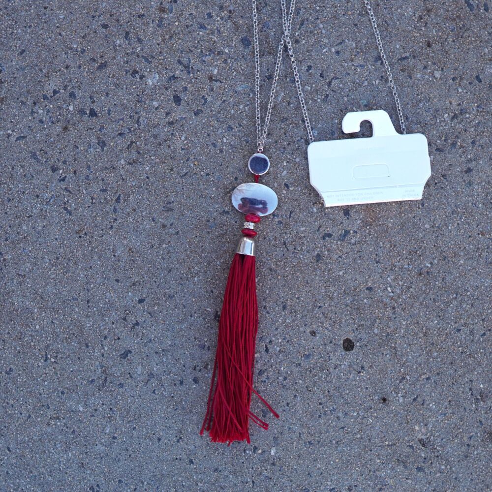 C’est 1946 Silver Pendant Necklace Red Tassel Long Chain Statement Boho Artsy